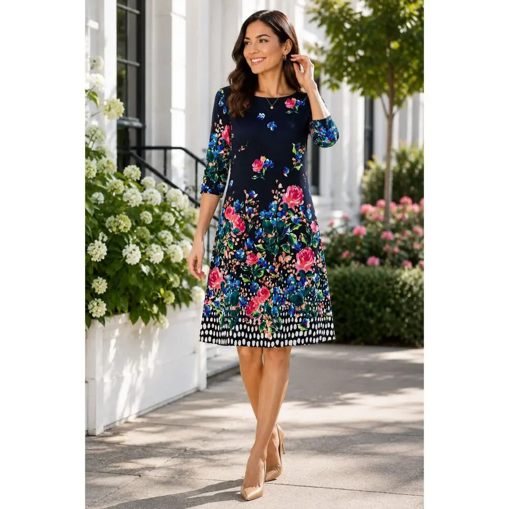 Eliza J Size 8 NWT Floral Polka Dot Shift Dress Navy Pink Blue Knee Length - Picture 2 of 10